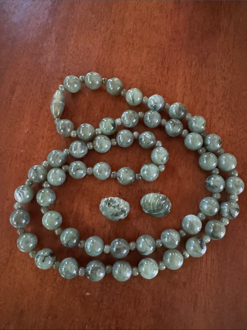 Green Beaded Necklace and Earrings - Unbranded